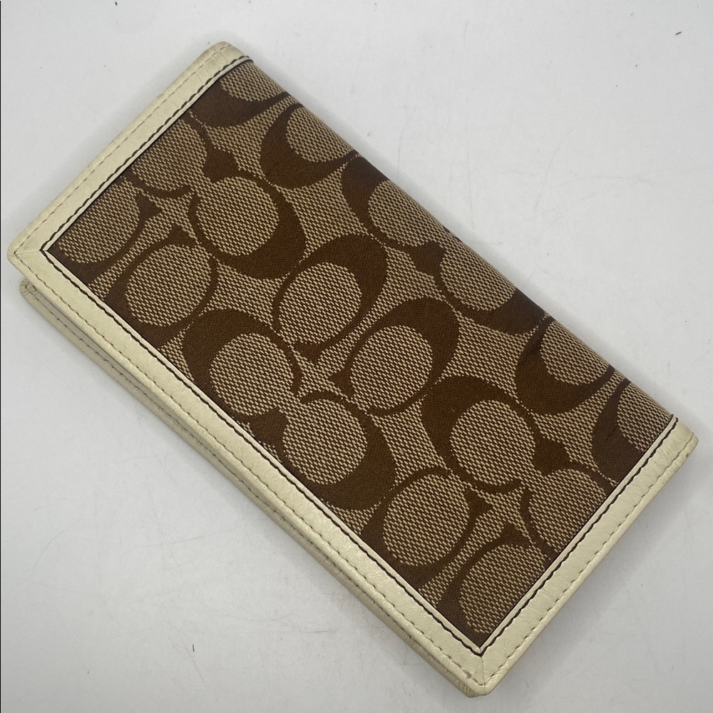 Coach beige & brown signature checkbook cover with cream leather